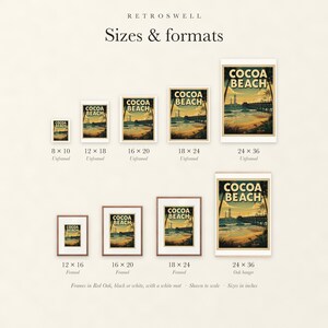 Sizes and formats for Cocoa Beach Surf, shown to scale: unframed prints from 8 by 10 to 24 by 36 inches, oak hanger and framed prints.