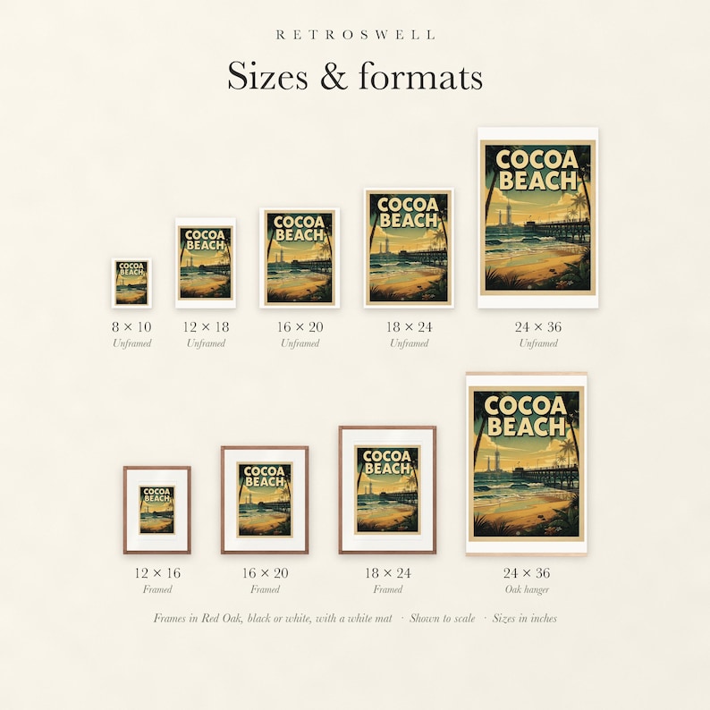 Sizes and formats for Cocoa Beach Surf, shown to scale: unframed prints from 8 by 10 to 24 by 36 inches, oak hanger and framed prints.