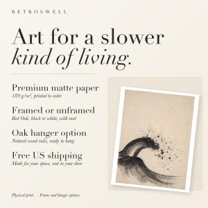 RetroSwell print details for Breaking Wave Ink Style: premium 189 g/m² matte paper, framed or unframed, oak hanger option, free US shipping.