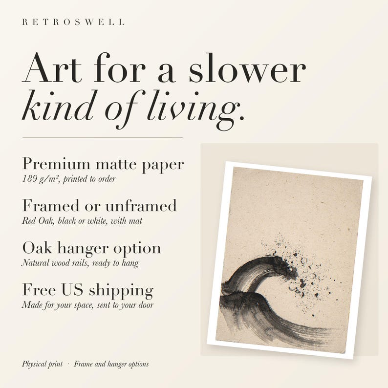 RetroSwell print details for Breaking Wave Ink Style: premium 189 g/m² matte paper, framed or unframed, oak hanger option, free US shipping.