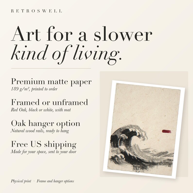 RetroSwell print details for Wave Ink Style: premium 189 g/m² matte paper, framed or unframed, oak hanger option, free US shipping.