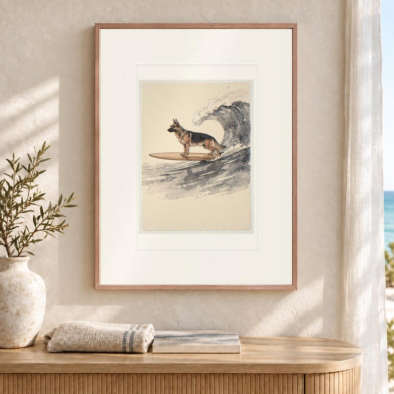 German Shepherd Surfing Art Print, Framed or Unframed Coastal Dog Poster image 12