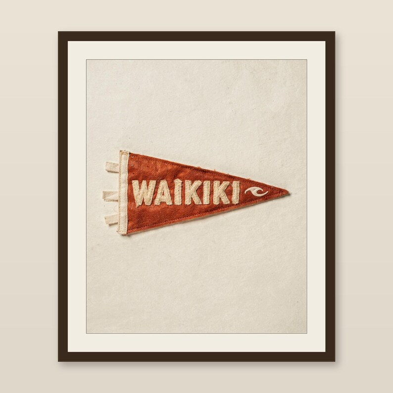 Waikiki, Oahu, Hawaii Surf Pennant Print | Vintage Felt Pennant Art | Beach House Decor | Retro Surf Wall Art | Printable Digital Download image 1