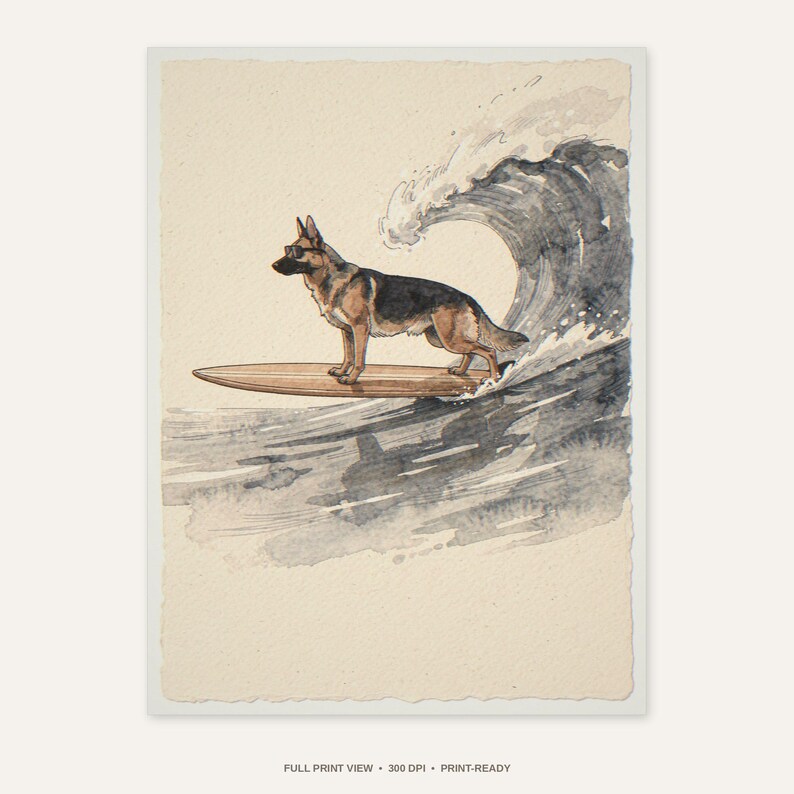 German Shepherd Surfing Print - full unframed print view, 300 DPI print-ready quality