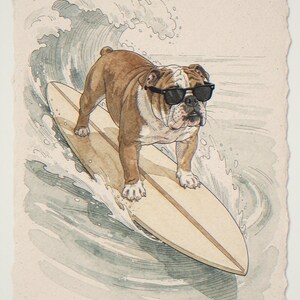 Bulldog surfing unframed printed artwork and full composition with its paper border.