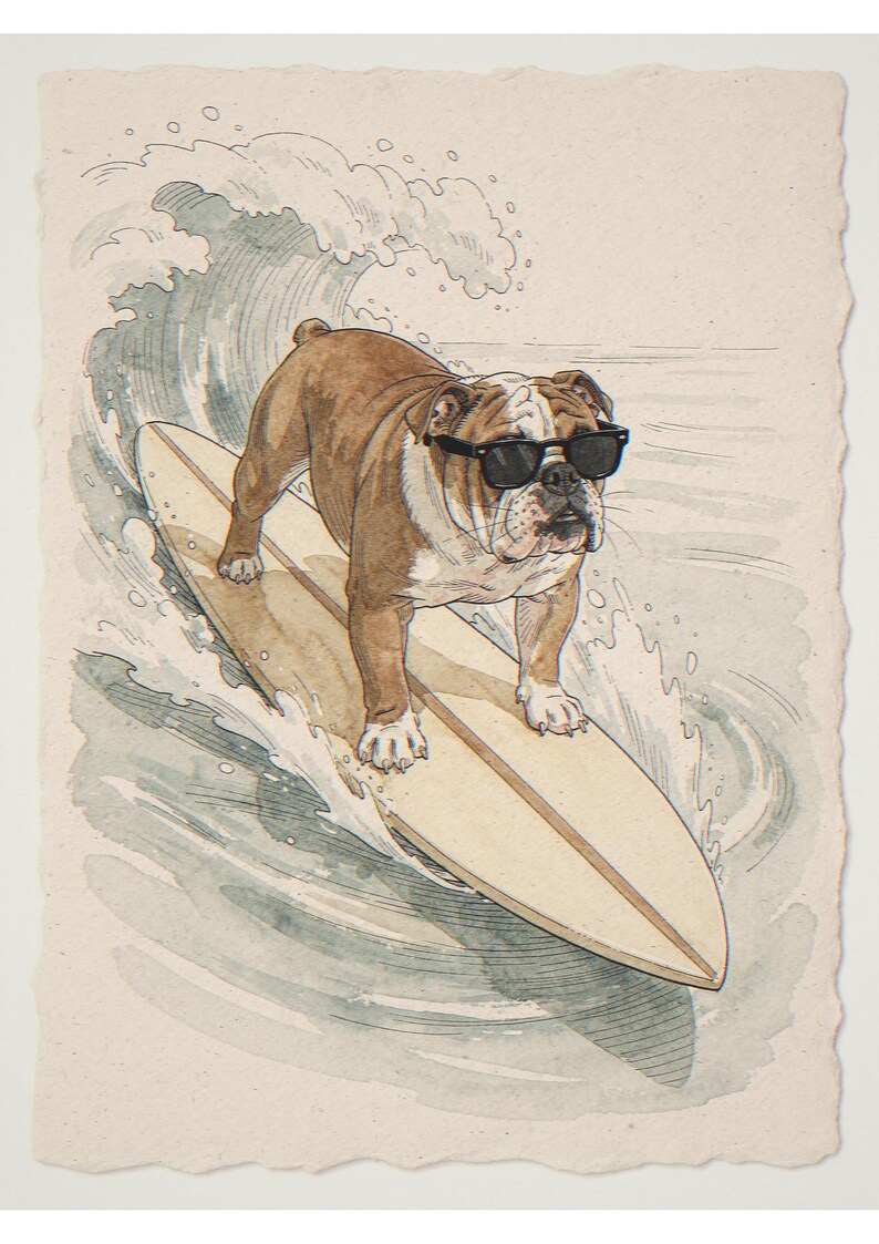 Bulldog surfing unframed printed artwork and full composition with its paper border.