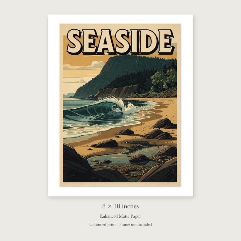 Seaside Surf Travel Poster, Framed or Unframed Vintage Style Coastal Print image 7