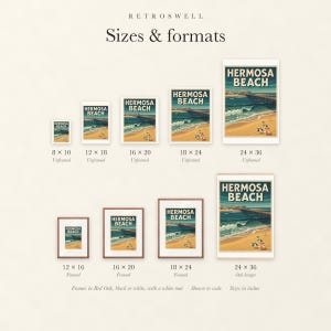 Sizes and formats for Hermosa Beach Surf, shown to scale: unframed prints from 8 by 10 to 24 by 36 inches, oak hanger and framed prints.