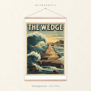 The Wedge Surf oak hanger poster, 24 by 36 inches, with natural wood rails and a hanging cord.
