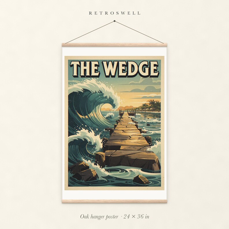 The Wedge Surf oak hanger poster, 24 by 36 inches, with natural wood rails and a hanging cord.