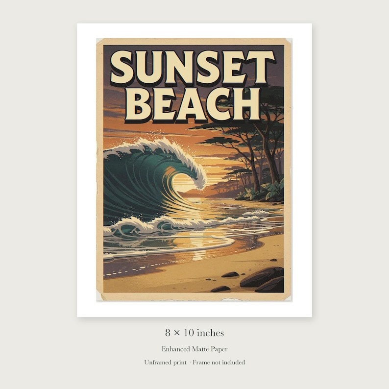 Sunset Beach Hawaii Surf Travel Poster, Framed or Unframed Vintage Style Coastal Print image 7