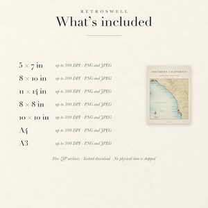 Files included with the Southern California Surf Map digital download: print sizes and resolutions.