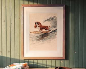 Lámina artística de Cavalier King Charles Spaniel surfeando / Arte mural de perro en acuarela (descarga digital)