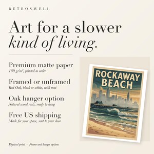 RetroSwell print details for Rockaway Beach Surf: premium 189 g/m² matte paper, framed or unframed, oak hanger option, free US shipping.