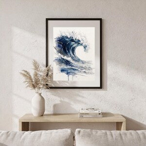 Stampa artistica ad acquerello con onde, La Cresta, Dipinto dell'Oceano Blu di Prussia, Decorazione murale costiera, Arte del surf, Stampa artistica digitale da parete immagine 6