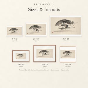 Sizes and formats for Surfer Duck Dive Xieyi Ink, shown to scale: unframed prints, framed prints and the oak hanger.