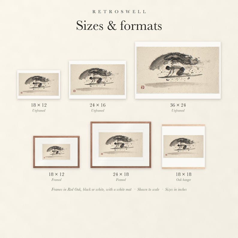 Sizes and formats for Surfer Duck Dive Xieyi Ink, shown to scale: unframed prints, framed prints and the oak hanger.
