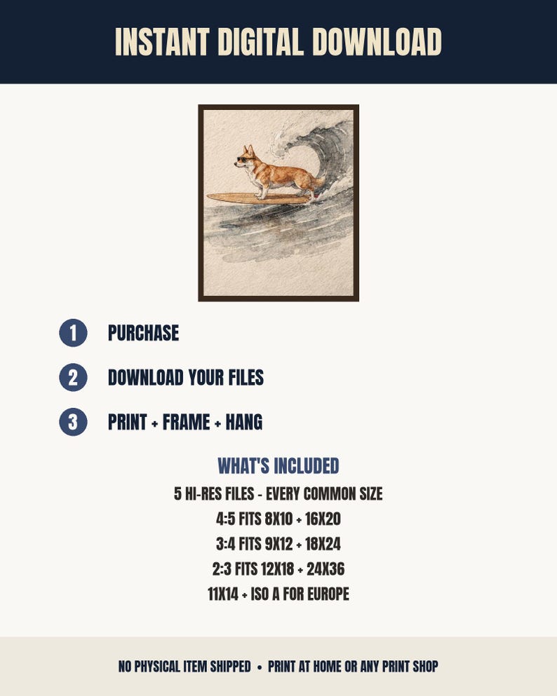 Corgi Surfing Print | Dog Surf Wall Art | Fine Art Coastal Decor | Corgi Lover Gift | Printable Wall Art Digital Download image 5
