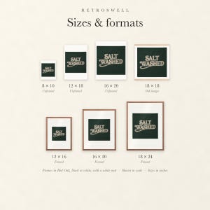 Sizes and formats for Salt Washed Patch, shown to scale: unframed prints, oak hanger and framed prints.