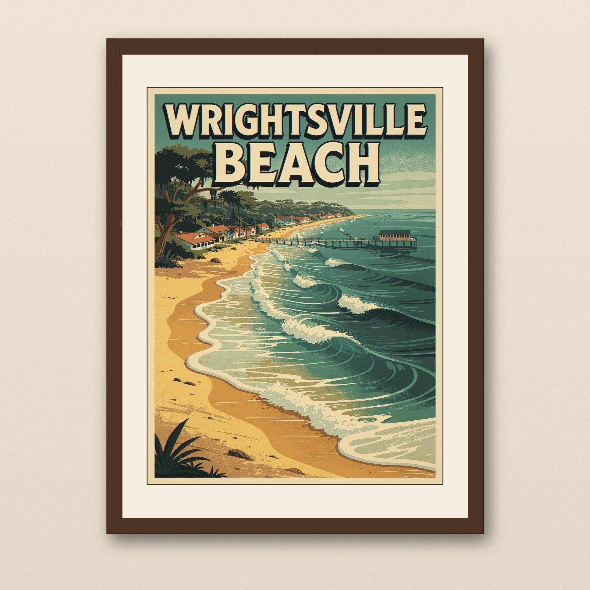 Wrightsville Beach Surf Poster - walnut framed art print with cream mat on plaster wall