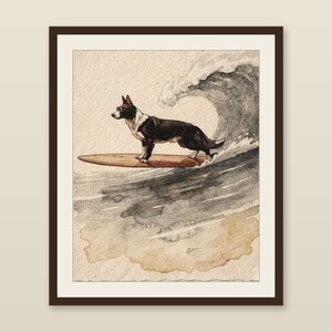 Border Collie surfingtryck, surfhundbarnrumskonst, kustnära barnrumsdekor, hundälskarepresent, utskrivbar väggkonst digital nedladdning bild 1