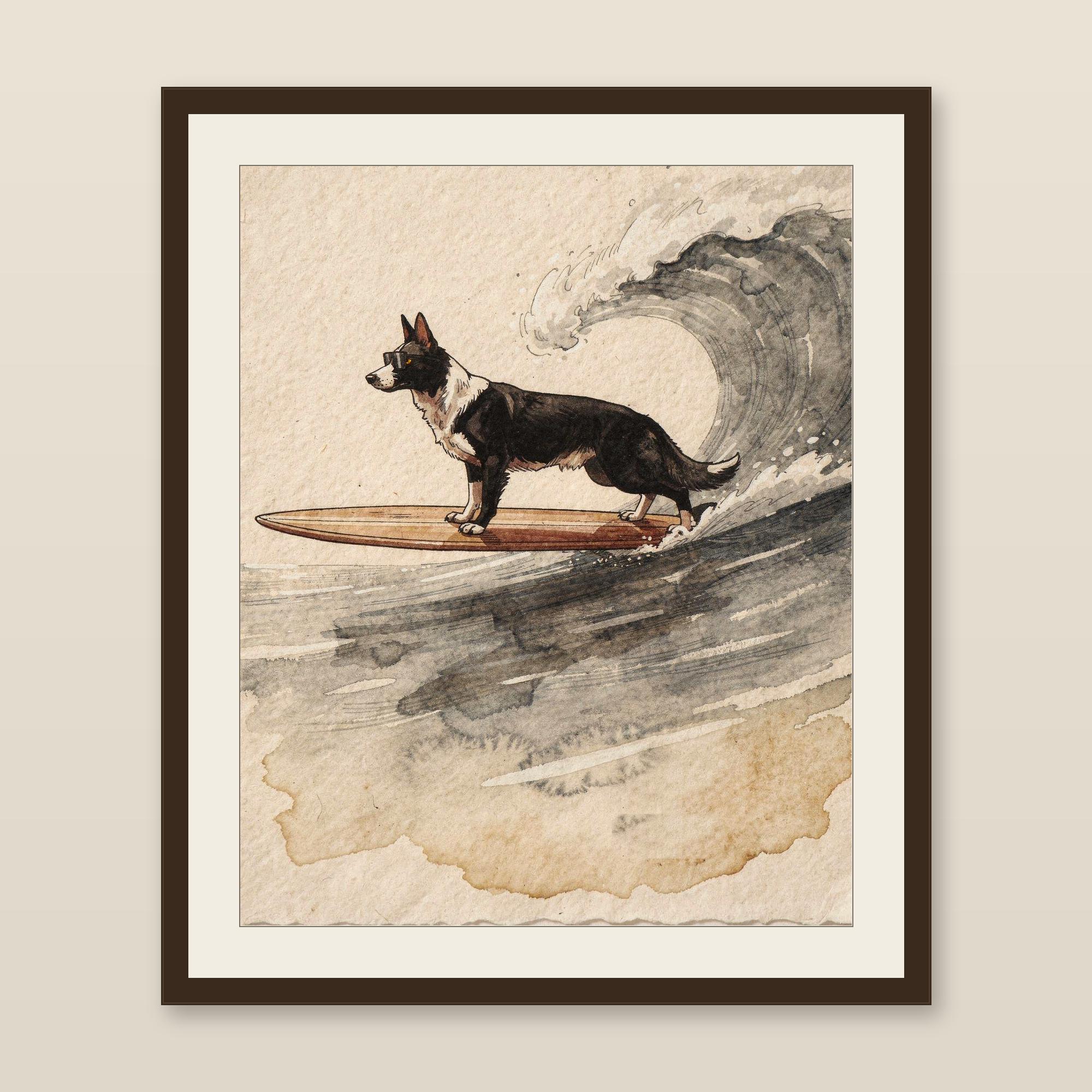 Border Collie Surfing Print, Surf Dog Nursery Art, Coastal Kids Room Decor, Dog Lover Gift, Printable Wall Art Digital Download