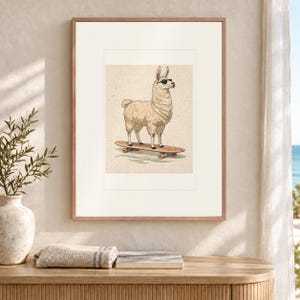 Llama on a Longboard Art Print, Framed or Unframed Coastal Nursery Poster image 12