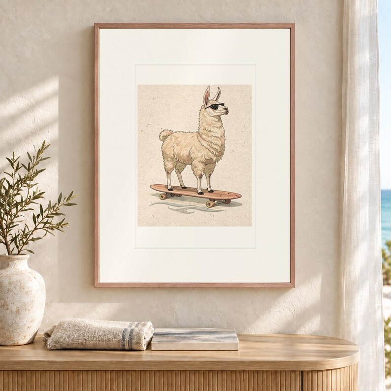 Llama on a Longboard Art Print, Framed or Unframed Coastal Nursery Poster image 12