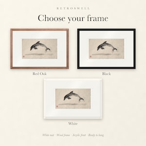 Frame options for Leaping Dolphin Xieyi Ink: Red Oak, black and white wood frames, each with a white mat.