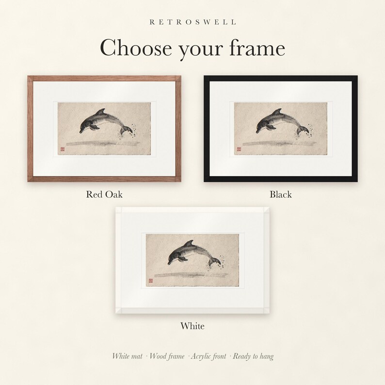 Frame options for Leaping Dolphin Xieyi Ink: Red Oak, black and white wood frames, each with a white mat.