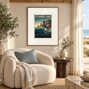 Steamer Lane Surf print in a Red Oak frame with a white mat in a light-filled coastal sitting room.
