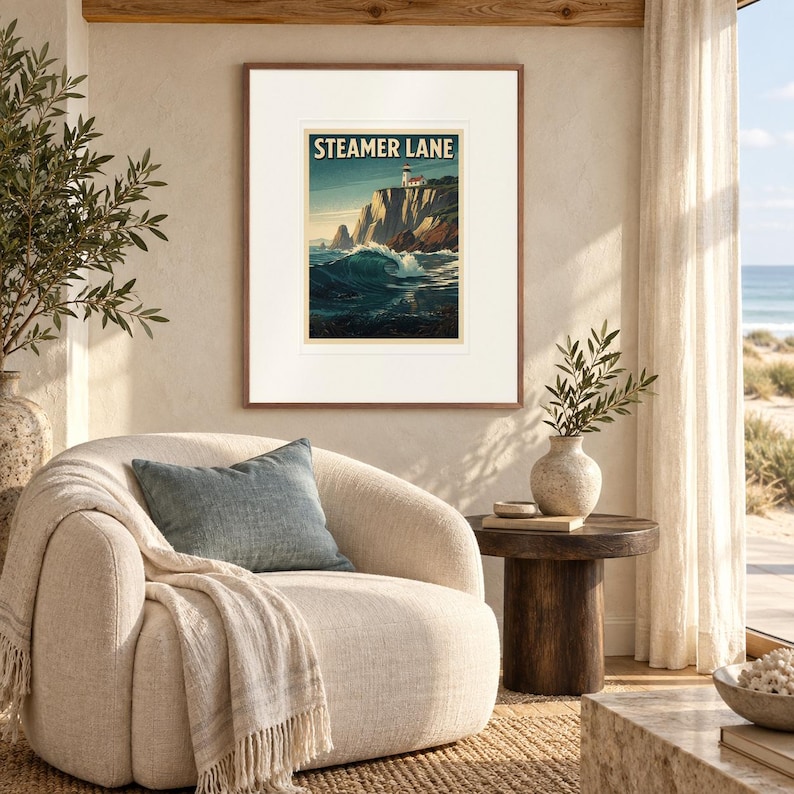 Steamer Lane Surf print in a Red Oak frame with a white mat in a light-filled coastal sitting room.