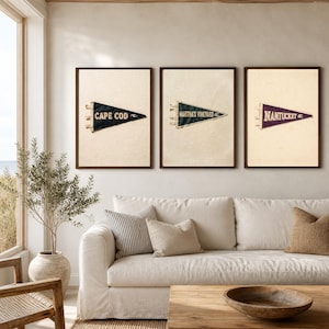 Cape Cod vintage felt surf pennant printable styled in a bright neutral coastal living room