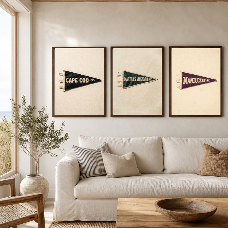 Cape Cod vintage felt surf pennant printable styled in a bright neutral coastal living room