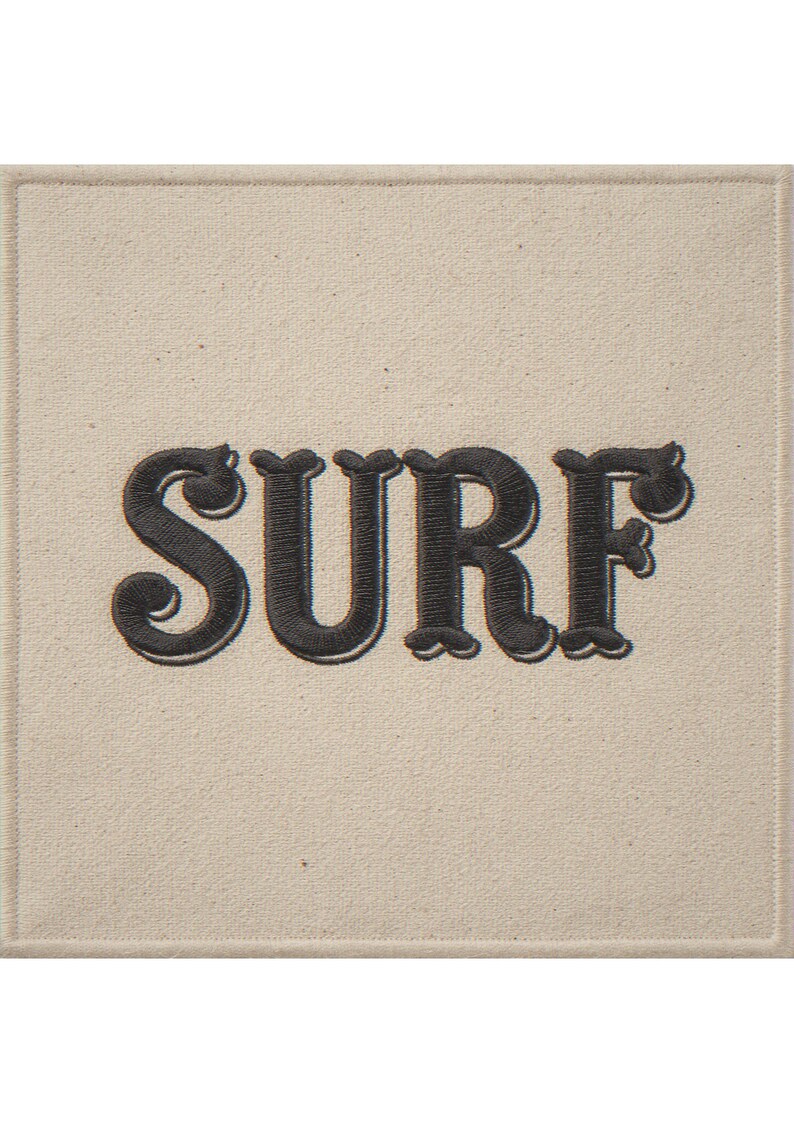 Surf embroidered-style patch unframed printed artwork and full composition with its paper border.