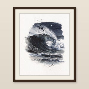 Moonlit Wave Watercolor Print, Night Ocean Wall Art, Indigo Coastal Decor, Moon Wave Painting, Printable Wall Art Digital Download