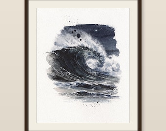 Moonlit Wave Watercolor Print, Night Ocean Wall Art, Indigo Coastal Decor, Moon Wave Painting, Printable Wall Art Digital Download
