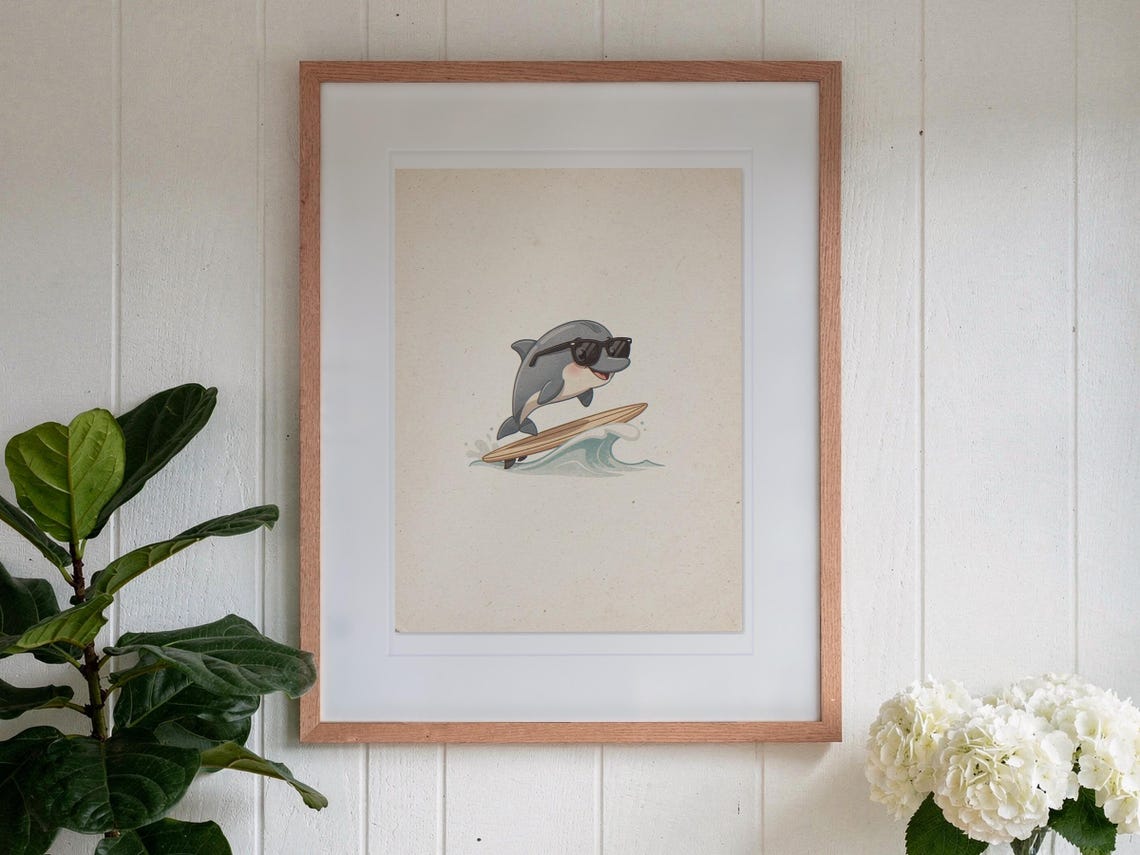 Dolphin Surfing print in a Red Oak frame with a white mat, hanging above the console in a sunroom.