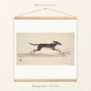 Dog Running on the Beach Xieyi Ink oak hanger poster, 18 by 18 inches, the painting centred on the paper with natural wood rails and a hanging cord.