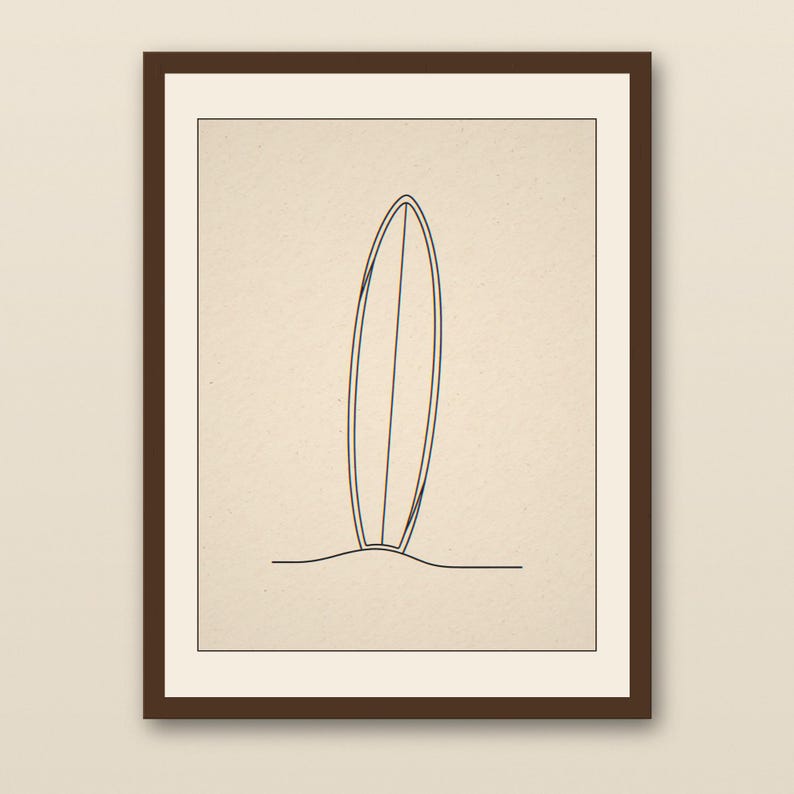Boho Longboard in Sand Line Art - walnut framed art print with cream mat on plaster wall