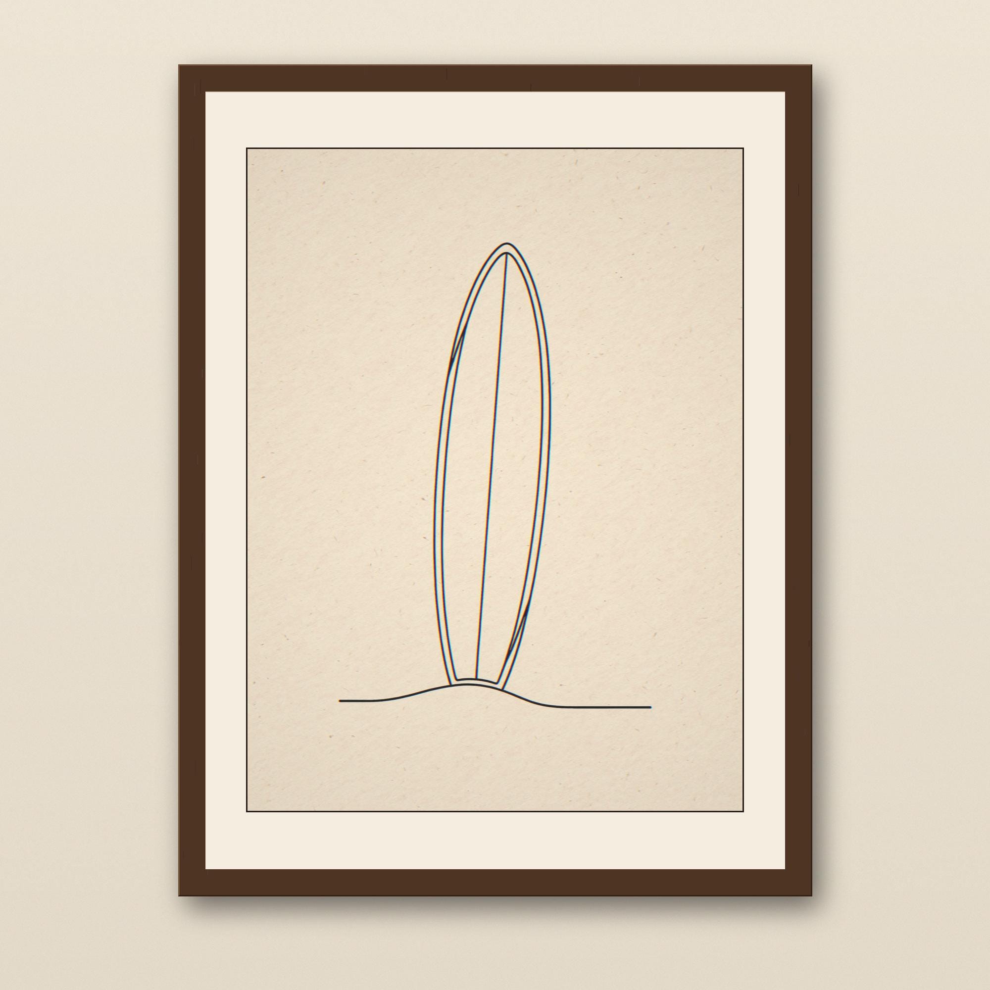 Boho Longboard in Sand Line Art - walnut framed art print with cream mat on plaster wall