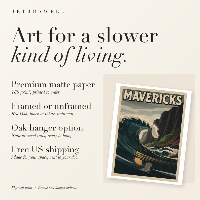 Mavericks Surf Travel Poster, Framed or Unframed Vintage Style Coastal Print image 11