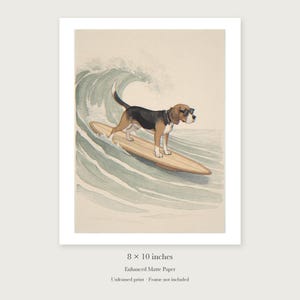 Beagle Surfing unframed 8 by 10 inch print on enhanced matte paper, shown with its white paper border.