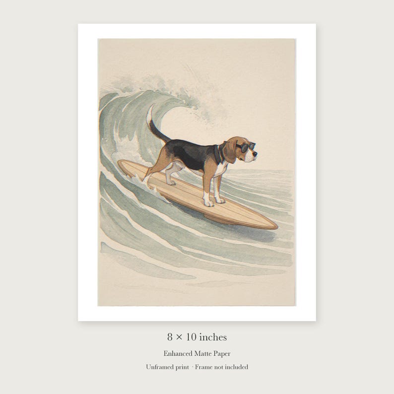 Beagle Surfing unframed 8 by 10 inch print on enhanced matte paper, shown with its white paper border.