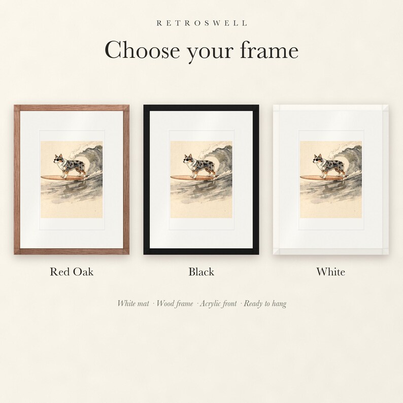 Frame options for Australian Shepherd Surfing: Red Oak, black and white wood frames, each with a white mat.