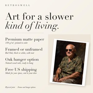 RetroSwell print details for Dwight Eisenhower: premium 189 g/m² matte paper, framed or unframed, oak hanger option, free US shipping.