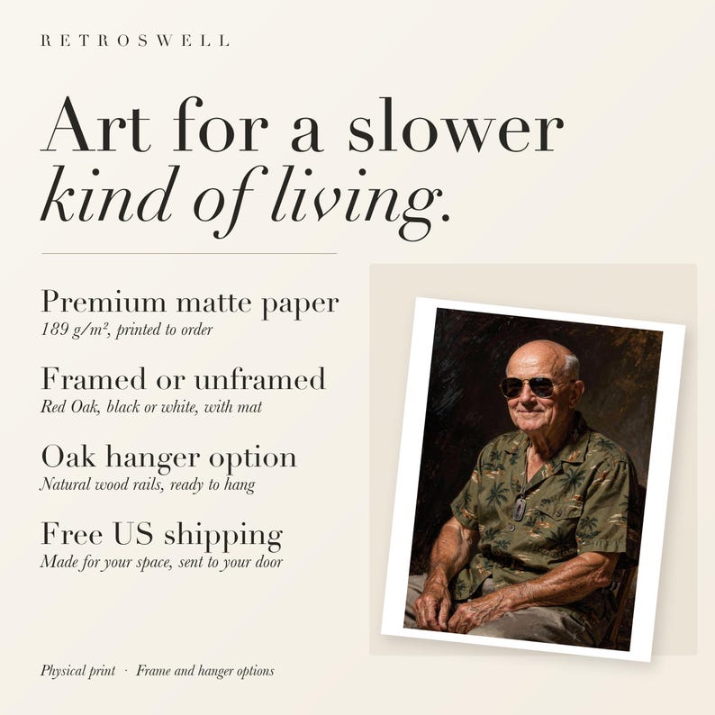 RetroSwell print details for Dwight Eisenhower: premium 189 g/m² matte paper, framed or unframed, oak hanger option, free US shipping.