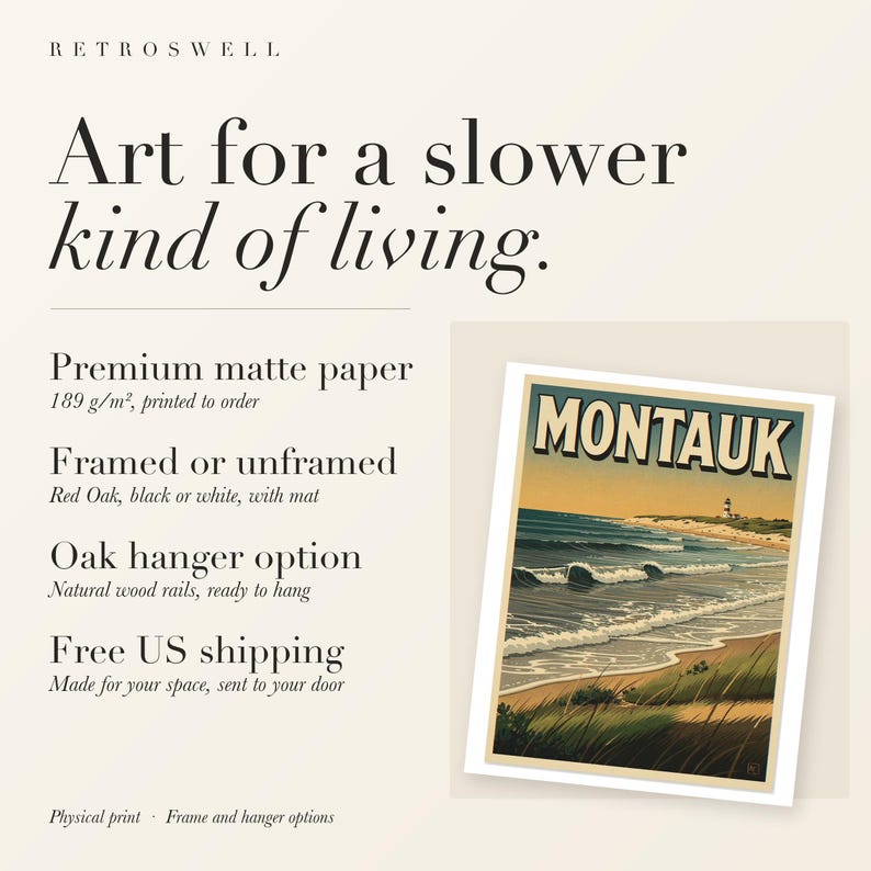 RetroSwell print details for Montauk Surf: premium 189 g/m² matte paper, framed or unframed, oak hanger option, free US shipping.