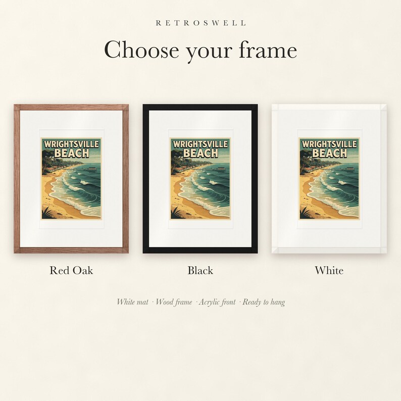 Frame options for Wrightsville Beach Surf: Red Oak, black and white wood frames, each with a white mat.