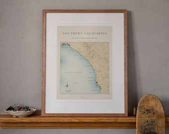 Lámina artística con mapa de olas del sur de California, póster vintage de rompientes de surf enmarcado o sin enmarcar